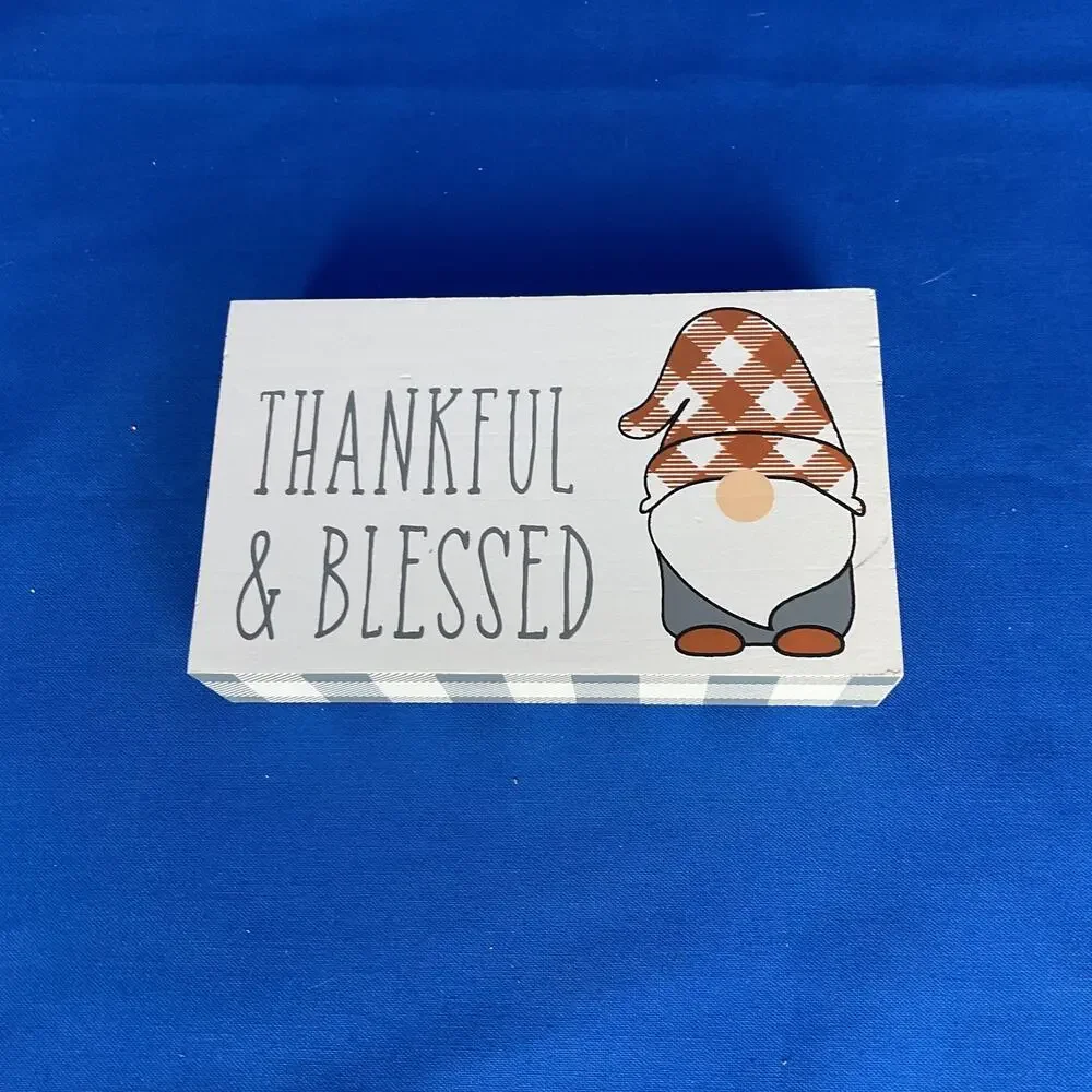 Thankful & Blessed Wooden Block Sign Buffalo Plaid Fall Gnome Thanksgiving Decor